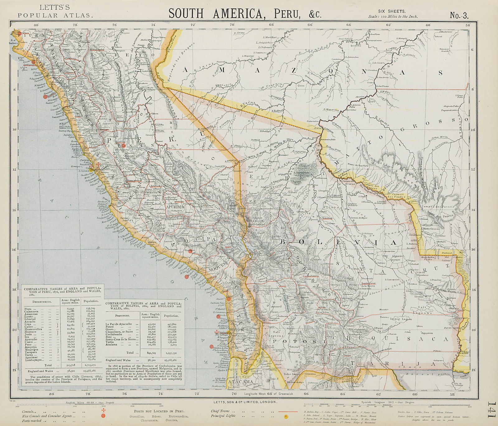 BOLIVIA & PERU Amazonas Chile. Lighthouses British Consuls. LETTS 1884 old map